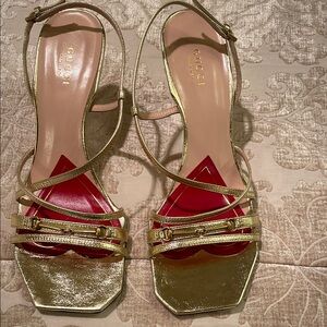 Gucci Metallic Gold Strappy Heels with Red Accents